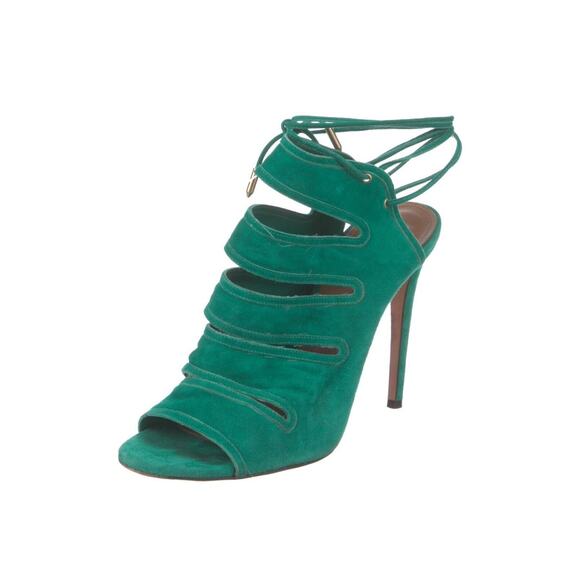 Aquazzura Women’s Lace Up Strappy Cutout Stiletto Sandals Green Suede Size 10/40 - Picture 1 of 16